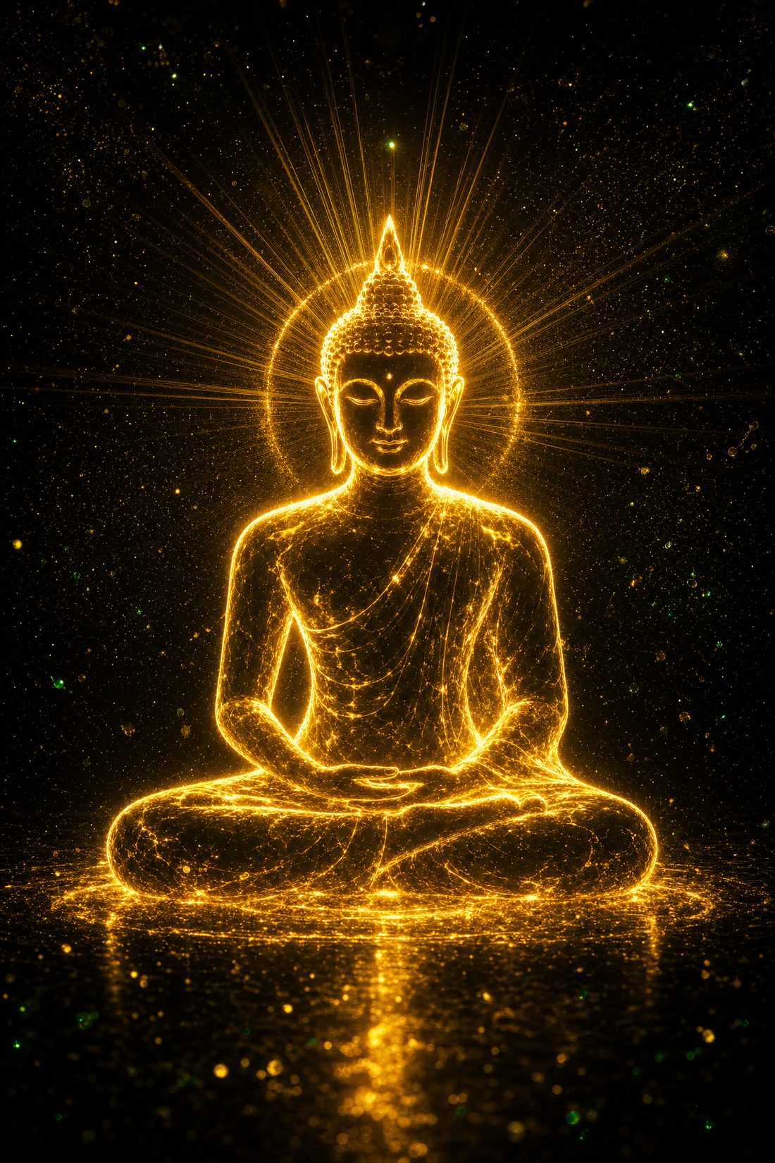 Golden meditating figure radiating light — The Quantum Frequency